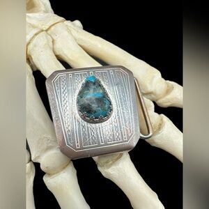 Vintage Southwest Artisan Hickok Sterling Silver Morenci Turquoise Belt Buckle